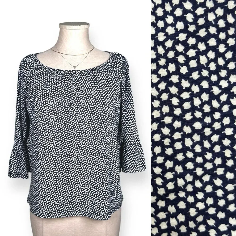 MICHAEL KORS Bell Sleeve Blouse Rose Print Relaxed Blue Chic Contemporary Small
